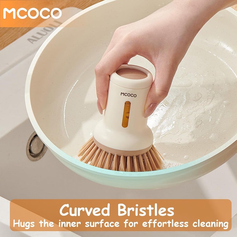 MOCOCO Soap Dispensing Palm Brush Scrub Brush with Soap Dispenser Palm Dish Brush Soap Dispenser Brush Dish Scrub Brush for Kitchen Cleaning, Pan, Pot, Sink 2 Pack White - Image 2